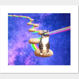 Cute tabby cat in space shooting rainbows from the sunglasses Posters and Art